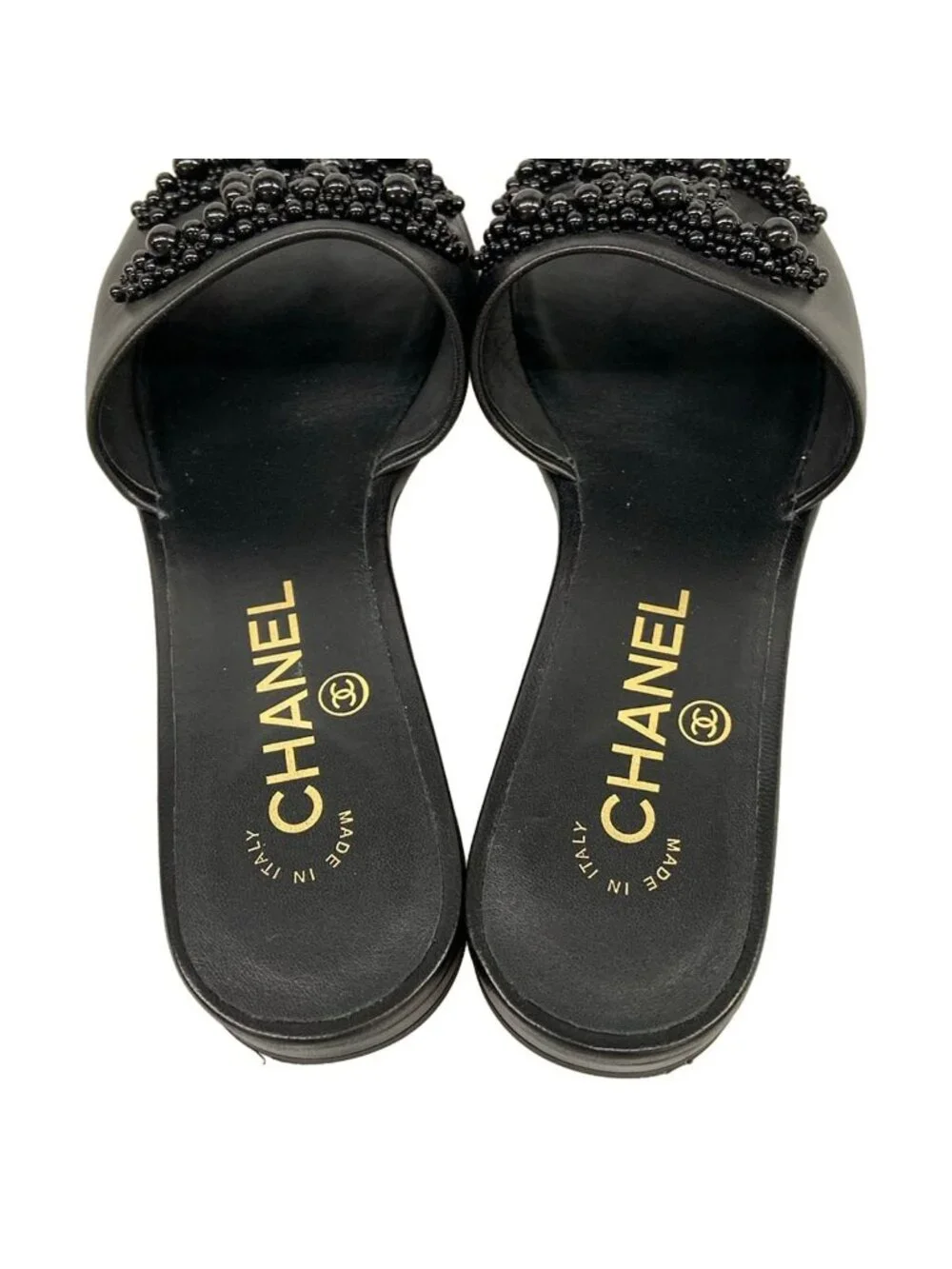 Chanel Sandals 35 C Black Beads CC Logo Open Toe Leather